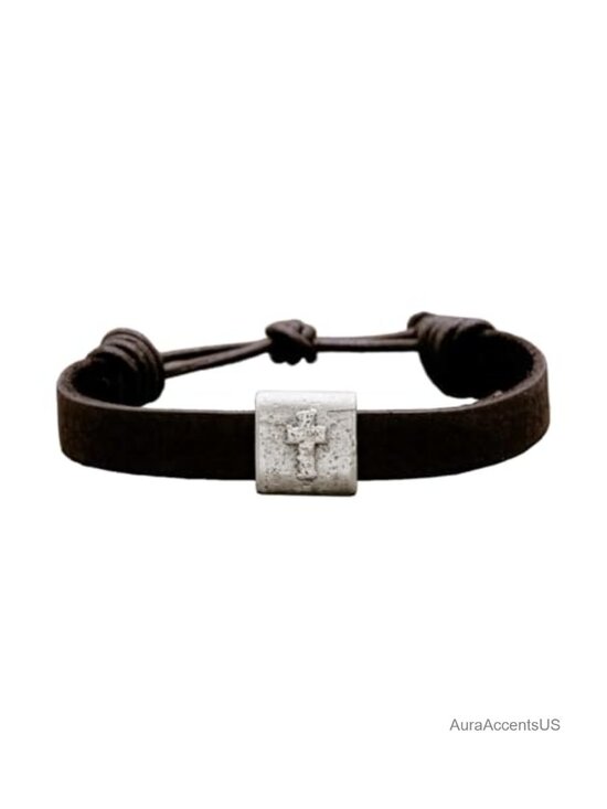 Other - Leather Cross Bracelet Pewter Bead Faith Jewelry Adjustable Unisex